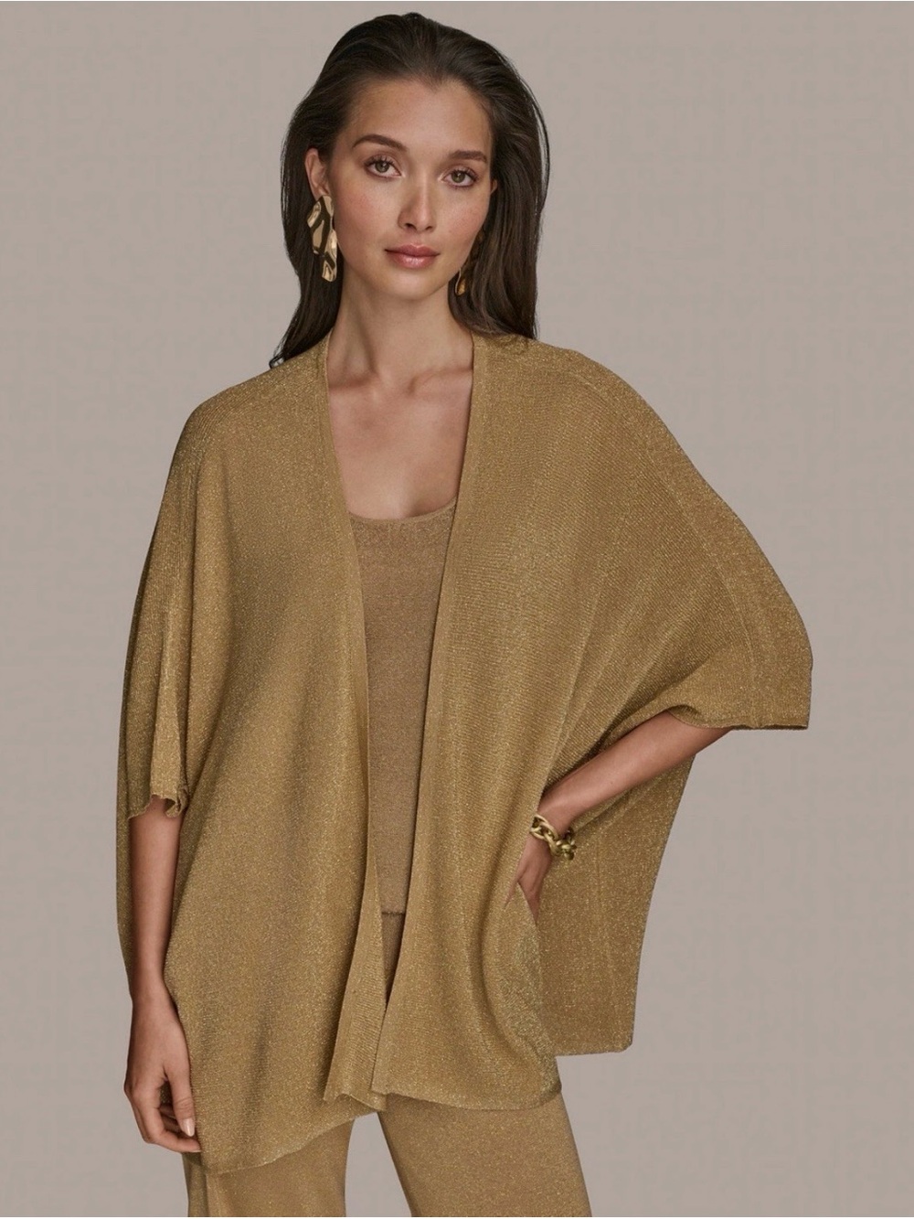 NWT Donna Karan Women’s Gold Metallic Open Front Sweater Cardigan. Size S/M.